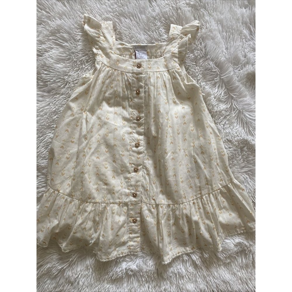 New Tahari Baby Girl 4T Ivory Gold Ruffle Sleeve Sun Dress Buttons Lined